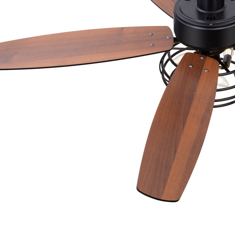 52" Industrial Reversible Wood 5-Blade Black Ceiling Fan with Light and Remote