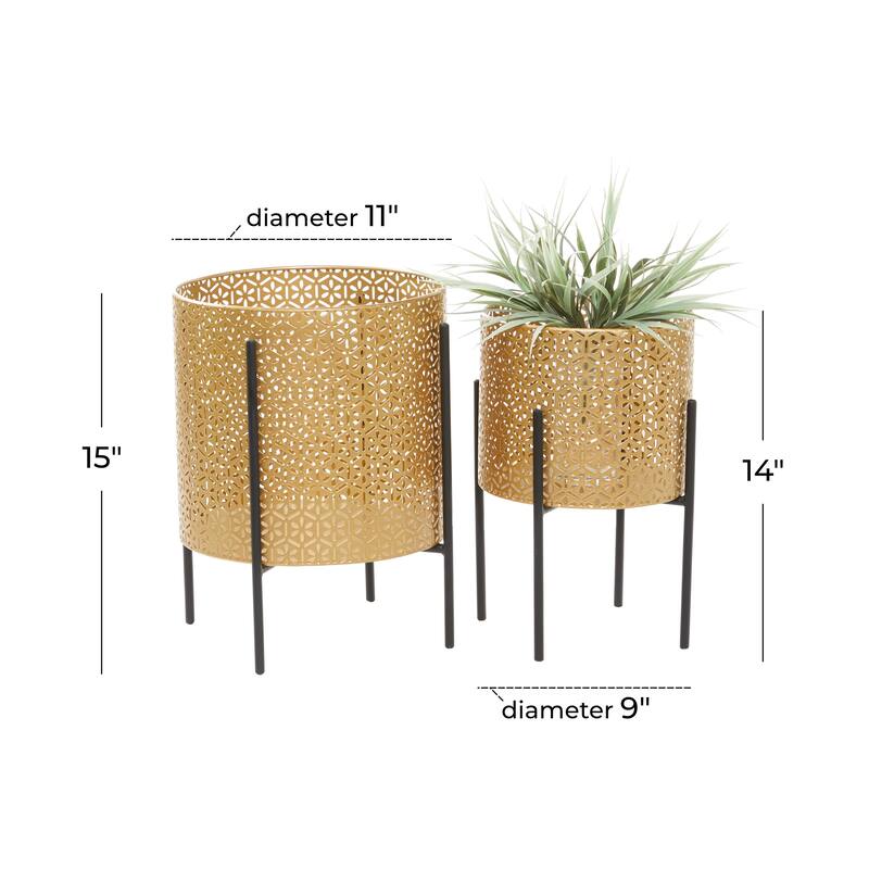 Gold or Black Iron Metal Contemporary Floral Pattern Planter (Set 2)