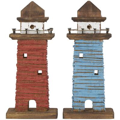 Wood Light House Distressed Decorative Sculpture with Blue and Brown Accents - Set of 2 Red - Roche River Decor