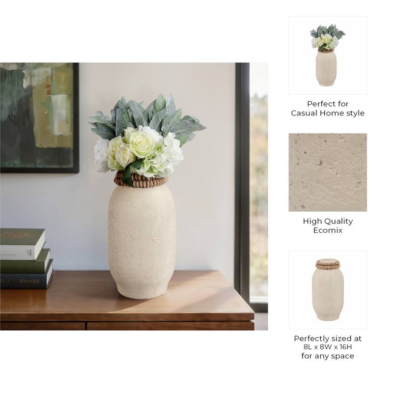 Pottery Mango Wood Vase Textured Surface and Removable Beaded Accent