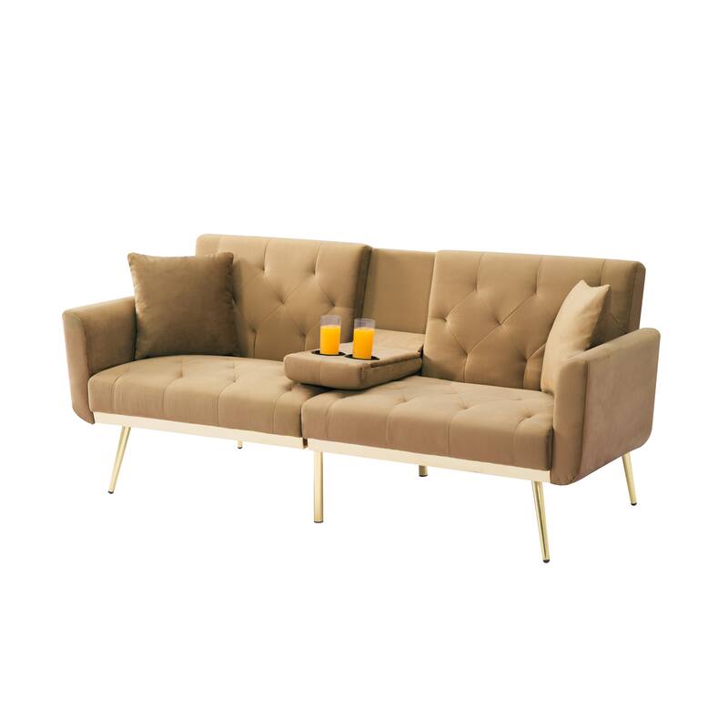 Brown Velvet Convertible Futon Sofa Bed with Adjustable Backrest and Cup Holders