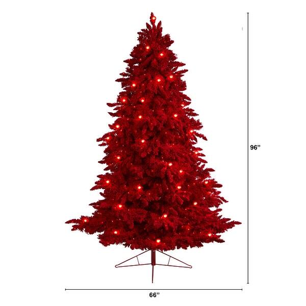 8' Red Flocked Fraser Fir Christmas Tree with 700 Red Lights 96 Bed