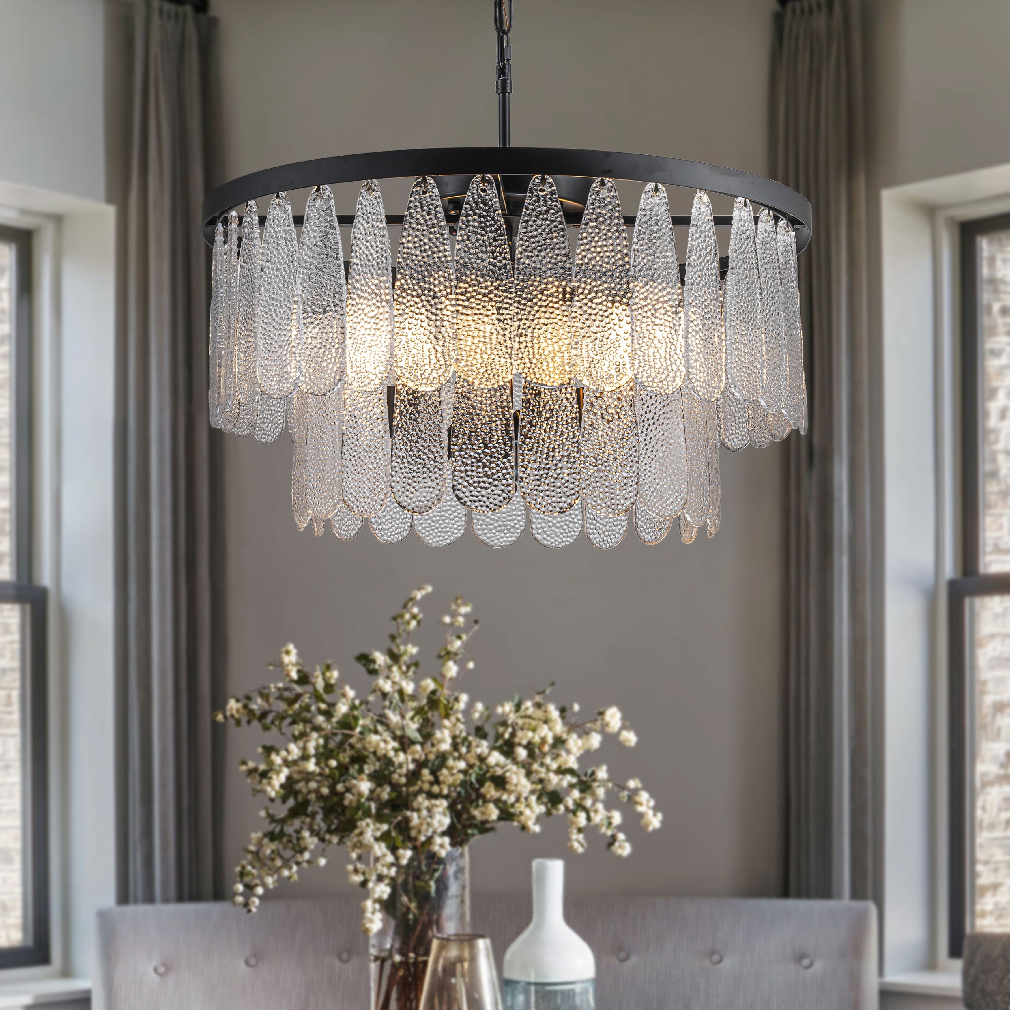 6 Light Vintage Textured Glass Round Chandelier Matte Black Rustic Art Glass Hanging Light W24