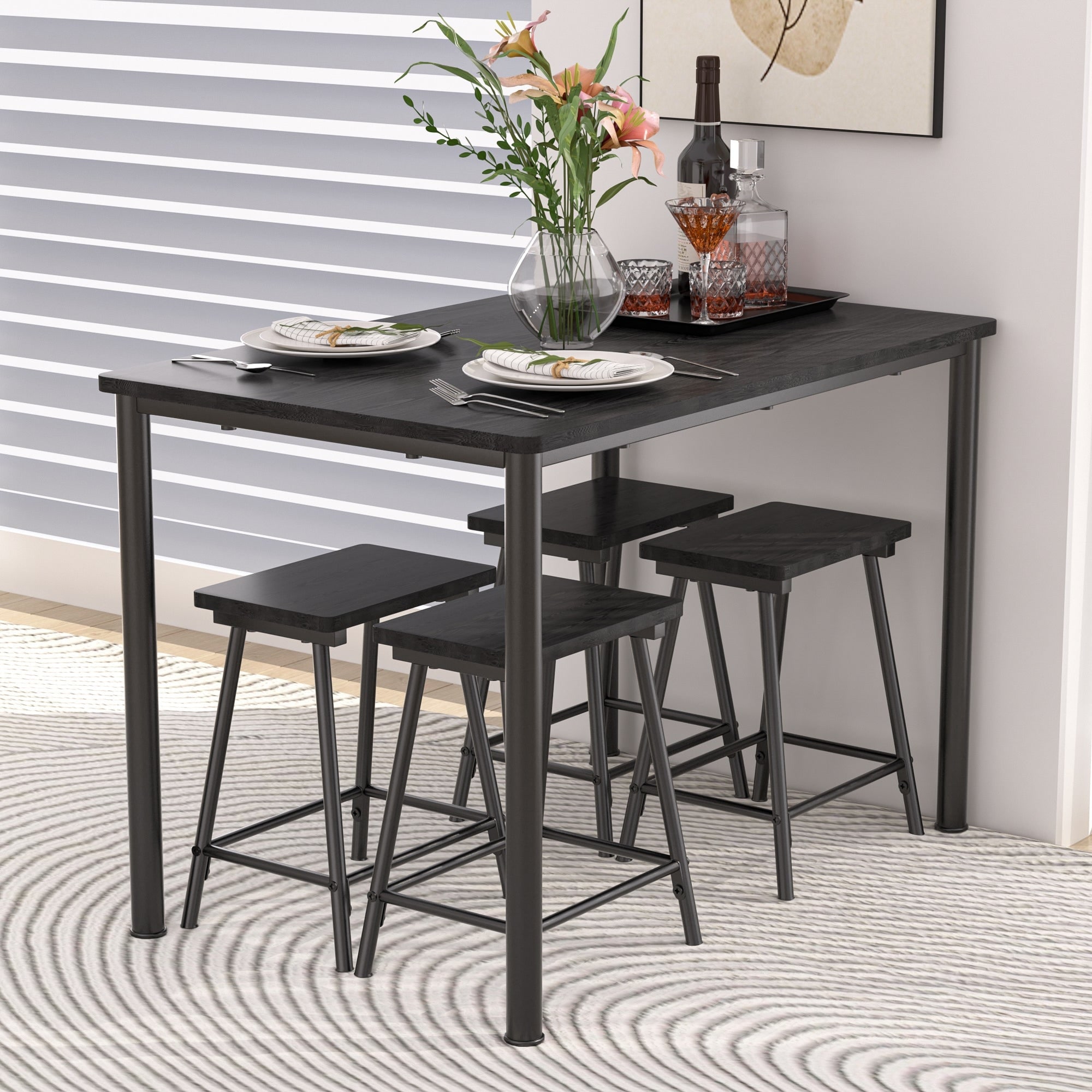 VECELO 5 Piece Dining Table Set with 4 Stools