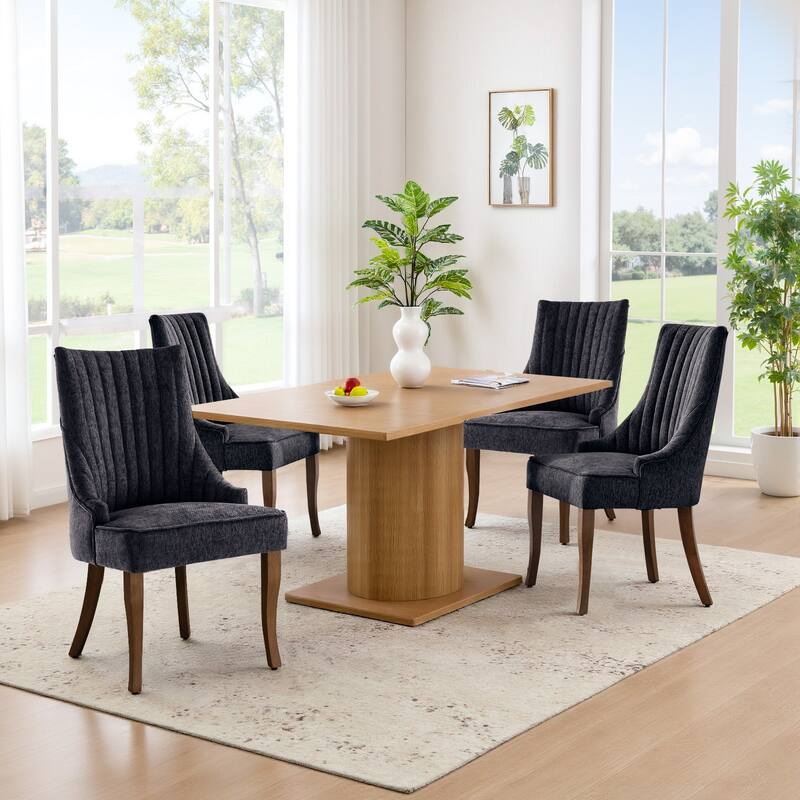 Vintage Linen Upholstered Dining Chairs Set of 2 with Channel Tufted Back & Solid Wood Legs