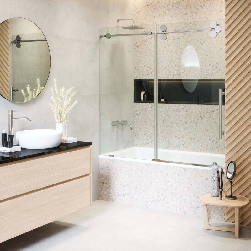 Fine Fixtures Tub Door Sliding Frameless Tempered Glass - 60 Inch - Polished Chrome