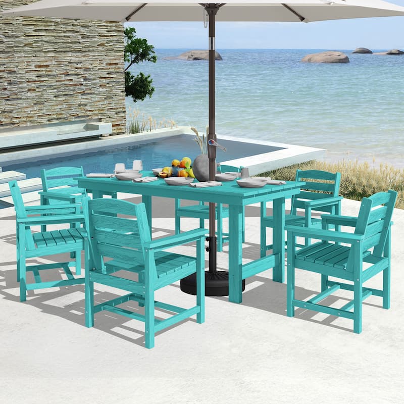 7-Piece HDPE Outdoor Dining Table Sets with Umbrella Hole - 1-Table 6-Chairs