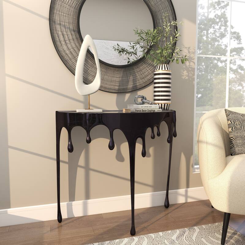 Aluminum Metal Accent, Console, and Coffee Table Collection with Drip Melting Design and Smoke Shaded Glass Top Multiple Colors