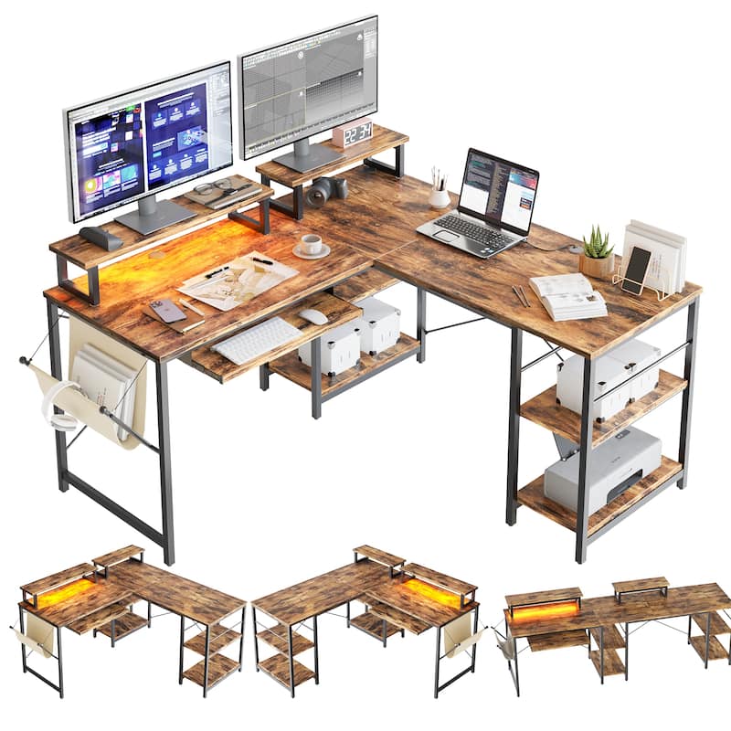 L Shaped Desk LED 95.2 Inch Computer Corner Desk with Keyboard Tray ...