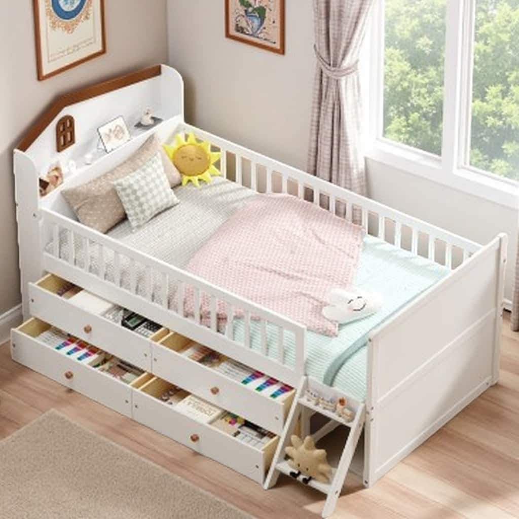 Twin Kids' Platform Bed with 4 Storage Drawers, Guardrail Headboard, Ladder, and Built-In Shelf, Gray Wooden Frame