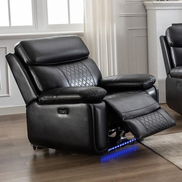 Power Reclining Sofa with Wireless Charger Reading Light LED Light for Living Room Faux Leather AC USB Port Cup Holder Black