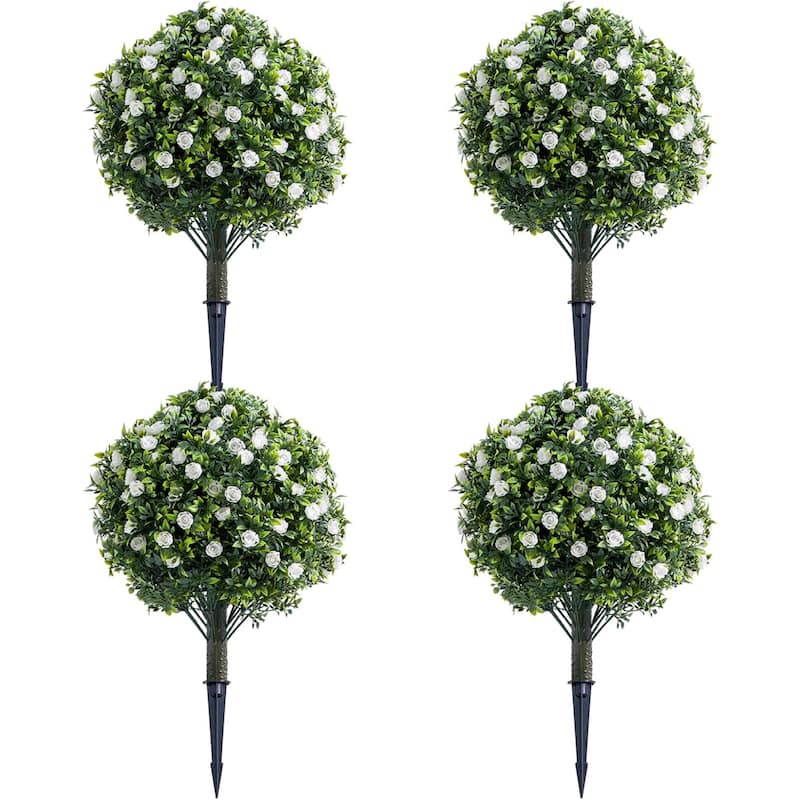 Set of 2/4 Artificial Topiary Ball Trees with Metal Stakes with Rose Flowers - White 4 pcs