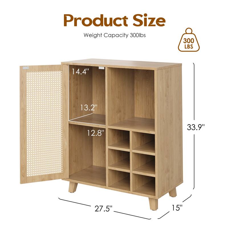 Rossetta 47'' Modern Rattan-Front Door Sideboard Cabinet with Open Shelves and Protective Foot Pads