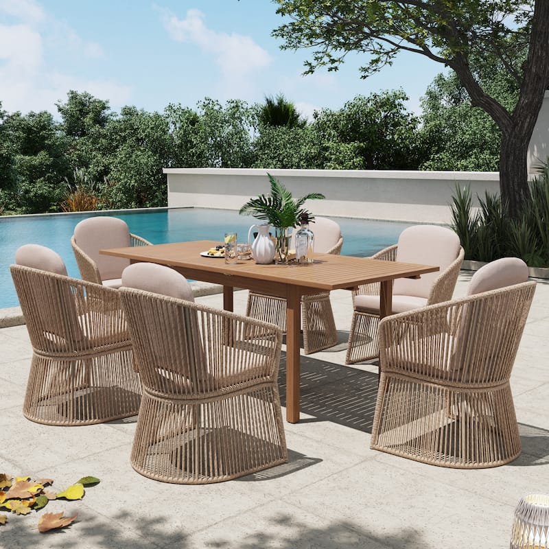 Extendable Wood Outdoor Dining Table Set with 6 PE Wicker Chairs