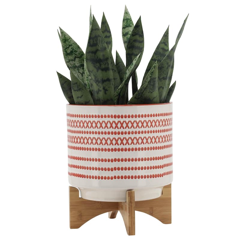 10-inch Ceramic Planter with Wood Stand,Orange