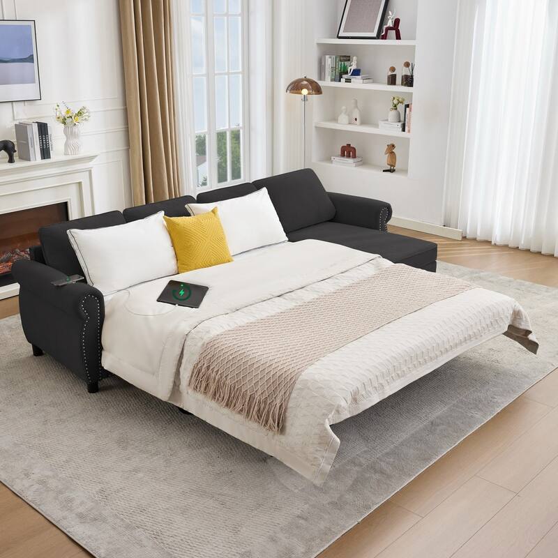 106.5" L-Shaped Flannelette Sectional Sofa with Pull-Out Bed