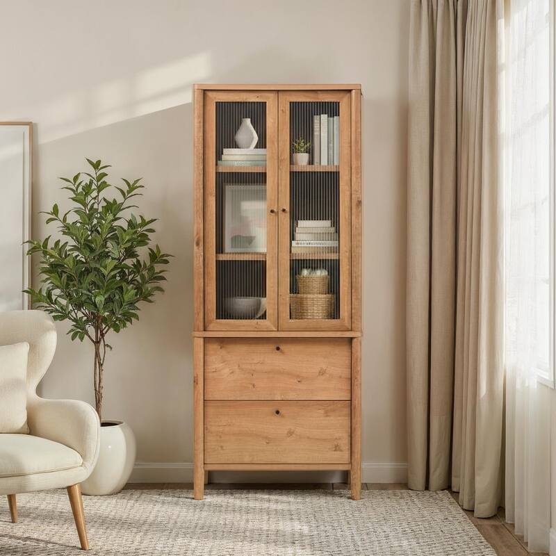 Walker Edison Modern Fluted Glass Bookshelf Cabinet with Drawers