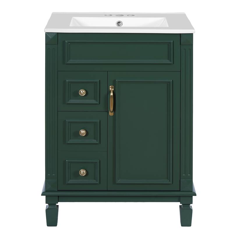 24" Bathroom Vanity With Ceramic Sink, Small Bathroom Sink Cabinet, Modern Cabinet With 2 Drawers And Adjustable Shelf