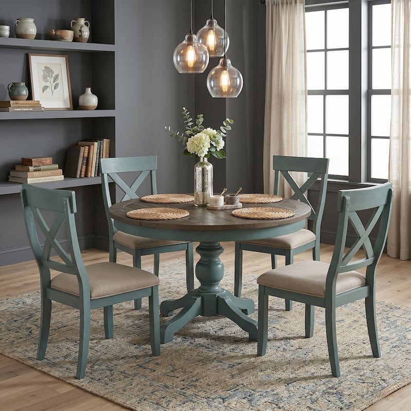 Roundhill Furniture Prato Round 2-tone Blue and Brown Wood Dining Table
