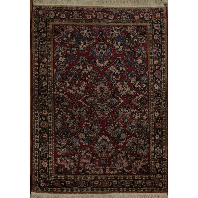 Hand Knotted Oriental 100% Wool Carpet Traditional Floral Red Sarouk Area Rug - 4' 11'' X 3' 4''