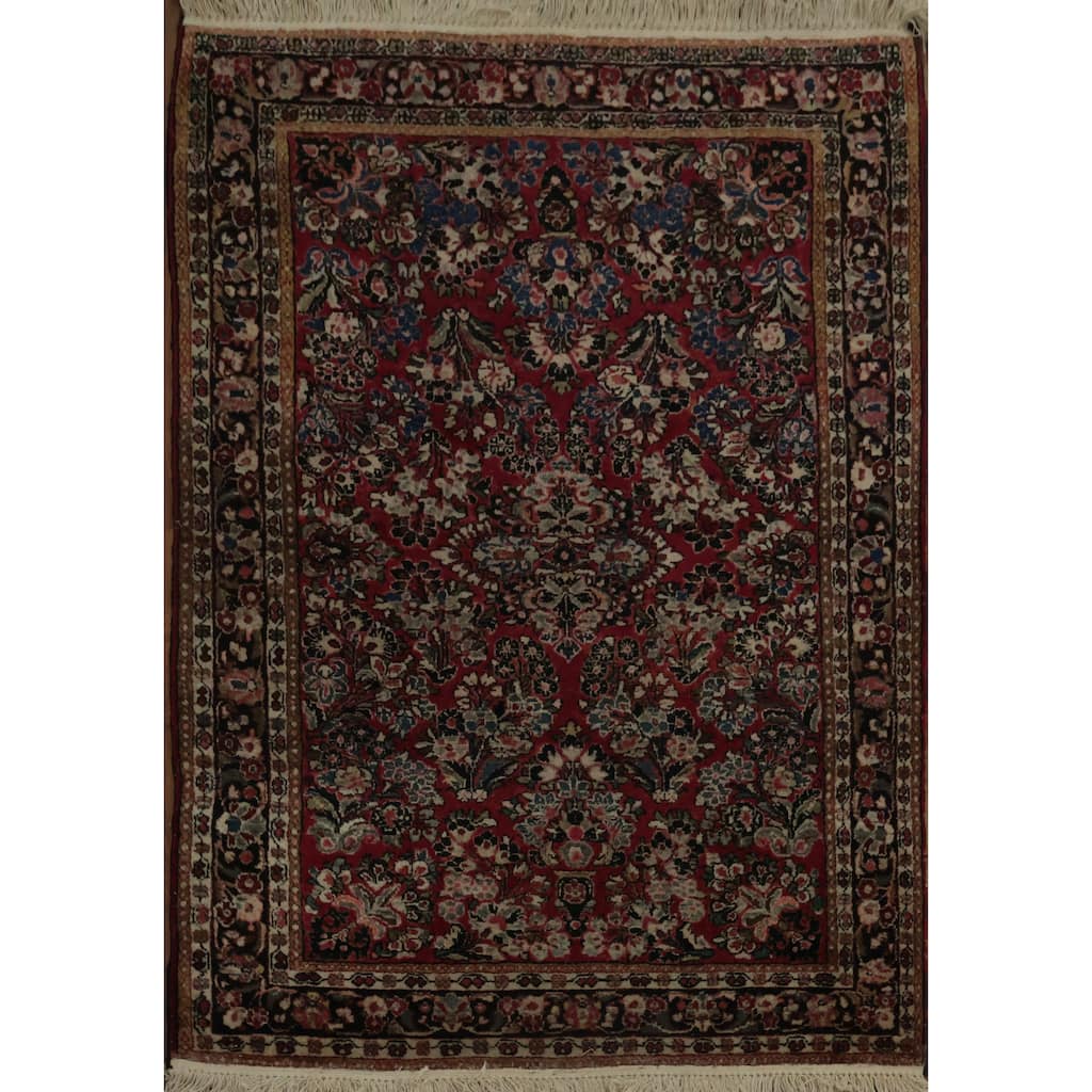 Hand Knotted Oriental 100% Wool Carpet Traditional Floral Red Sarouk Area Rug - 4' 11'' X 3' 4''