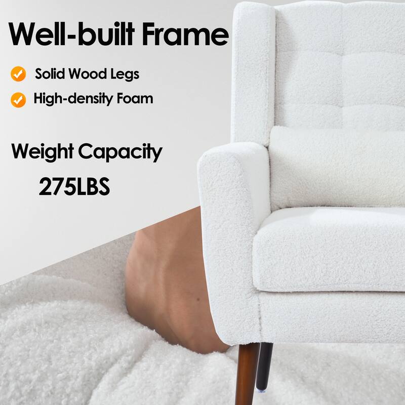 Teddy Fabric Accent Chair, Upholstered Single Sofa Chair, Lounge Reading Chair with Pillow Backrest & Tapered Wooden Legs