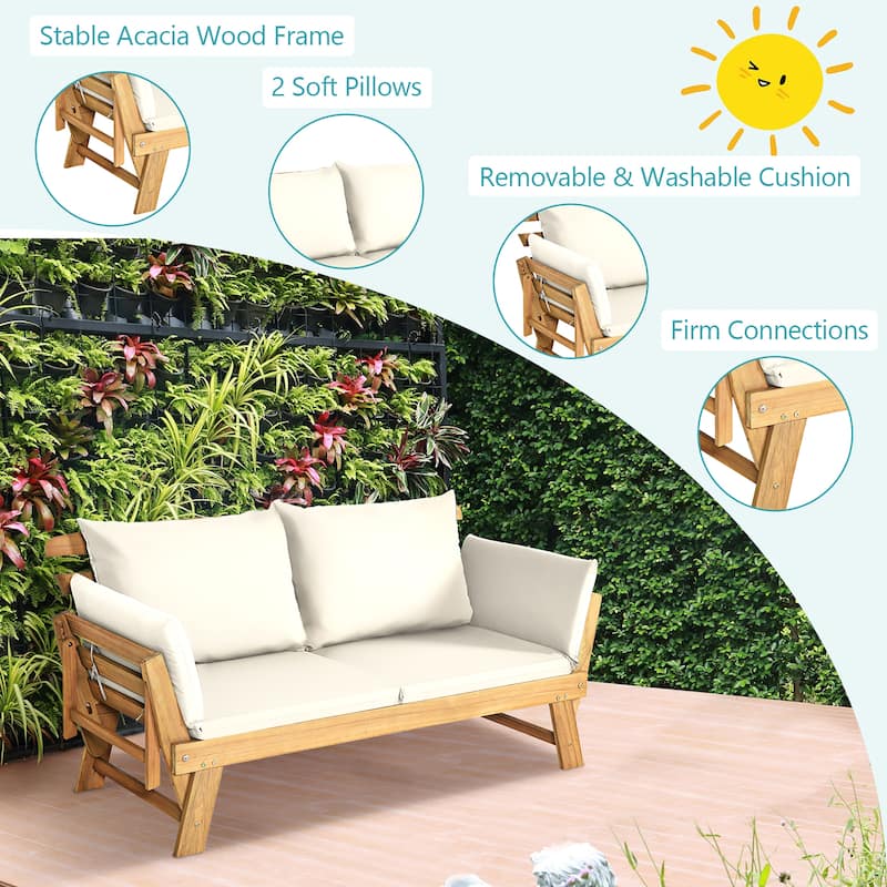 Gymax Adjustable Patio Sofa Daybed Acacia Wood Furniture w/ White - See Details