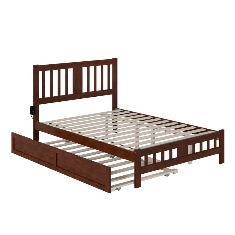Full Bed with Trundle - Walnut Finish, Solid Wood Frame, Platform Bed, Space Saving Design
