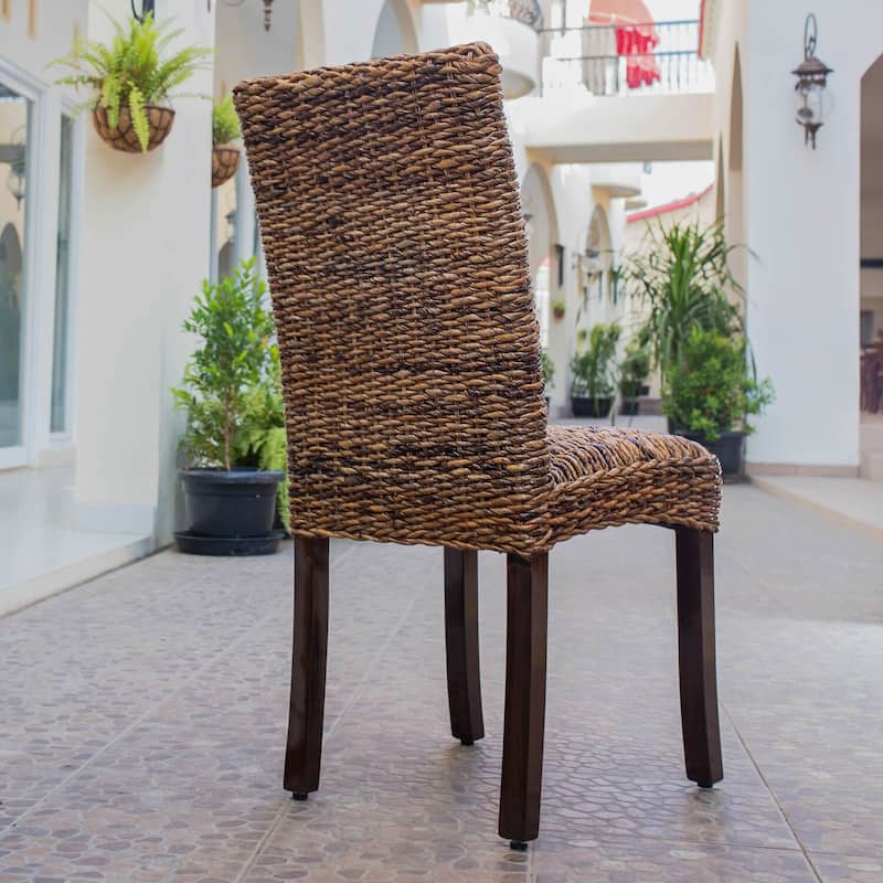 Dining Chairs with Handwoven Abaca Design and Mahogany Frame - Rustic Brown Finish, Set of 2 - 19