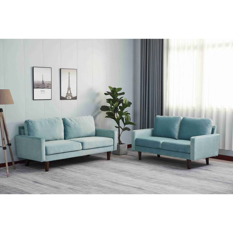 Velvet 2 Piece Loveseat and Sofa Living Room Set - Light Greyish Cyan - 2 Piece