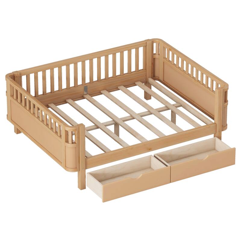 Wooden Kids Bed with 2 Storage Drawers, Guardrails and Removable Side Rail, Rounded Corners Frame Montessori Bed, Toddler Bed