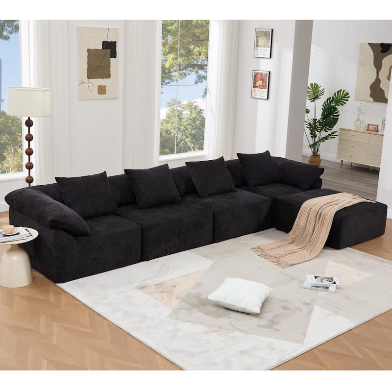 142" L Shaped Modular Sectional Sofa, 5 Piece Couch, Convertible Sleeper, Chenille, Black
