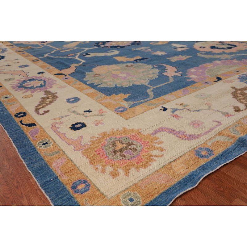 Hand Knotted Oriental 100% Wool Carpet Transitional All-Over Navy Blue & Blues Oushak Area Rug - 15' 7'' X 12' 3''