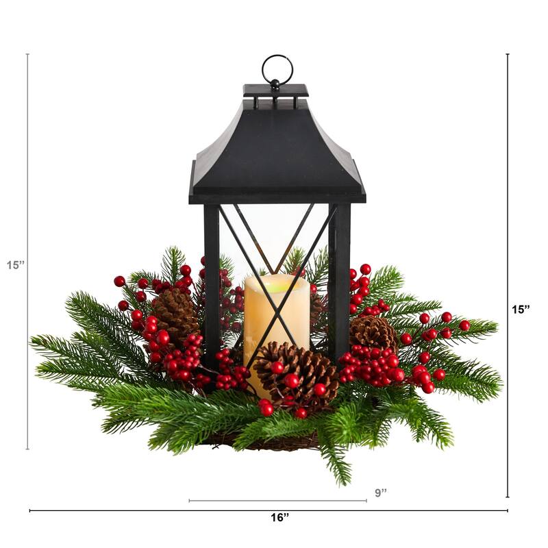 16” Pre-Lit Berry and Pinecone LED Christmas Candle Lantern