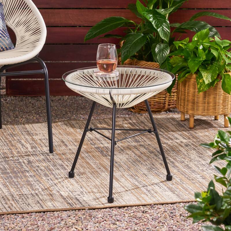 Roomfitters Nusa Outdoor Modern Rattan Side Table with Tempered Glass Top, Round Patio Accent Table, White