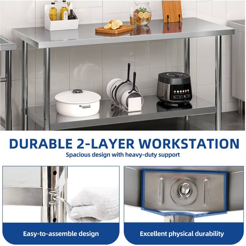 60×24 Inch Stainless Steel Table with Undershelf Adjustable, NSF Commercial Kitchen Work Prep Table - 60'' W x 24'' D x 34'' H