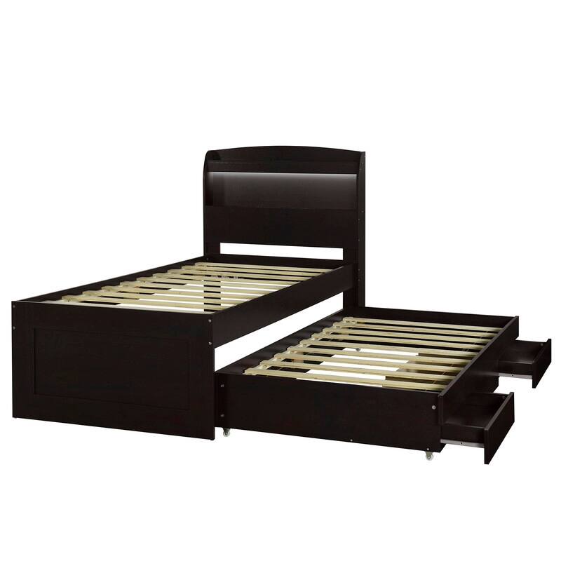 Twin/Full XL Size Platform Bed with Storage LED Headboard &Charging Station, Wood Bed Frame with Twin Size Trundle and 2 Drawers