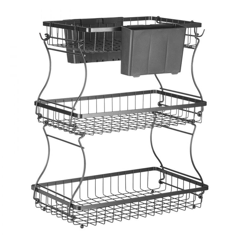 Kitchen Countertop Fruit Storage Rack 3-Tier Matte Black Wire Basket with Side Storage Pouches - 15.16” x 9.06” x 17.91”