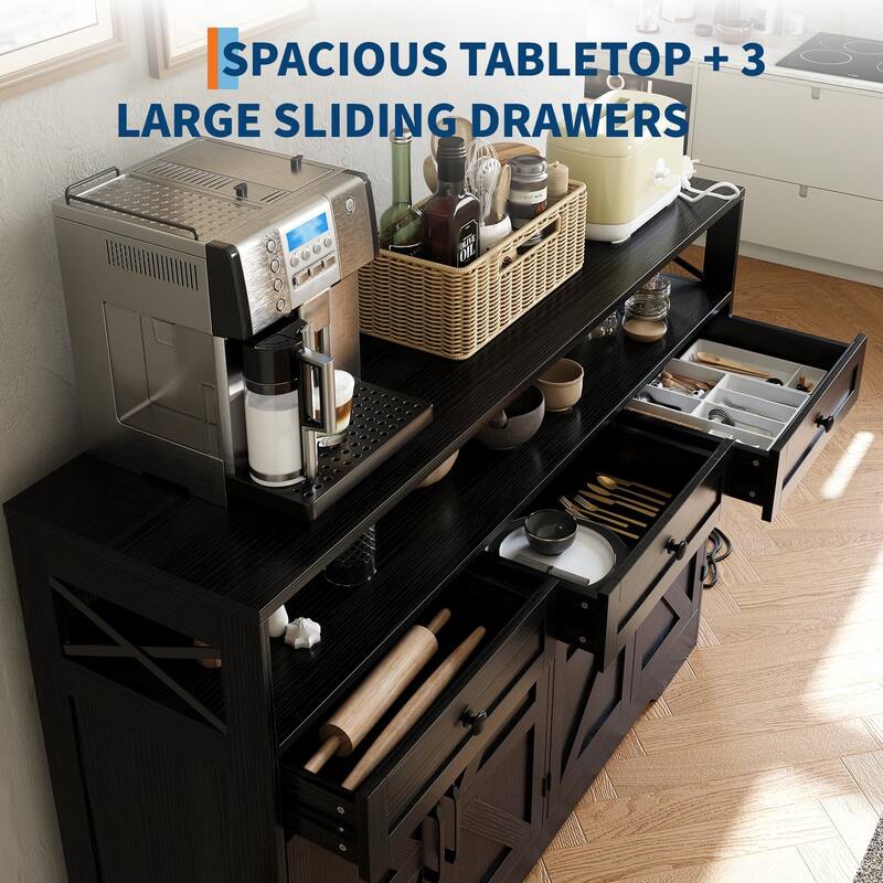 51" Modern Farmhouse Sideboard Buffet Cabinet with Storage, Wood Buffet Storage Cabinet with Charging Station