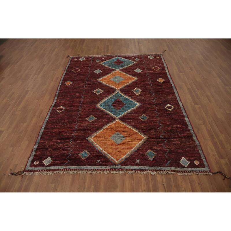 Hand Knotted Oriental 100% Wool Carpet Modern Tribal Red Moroccan Area Rug - 10' 0'' X 6' 9''