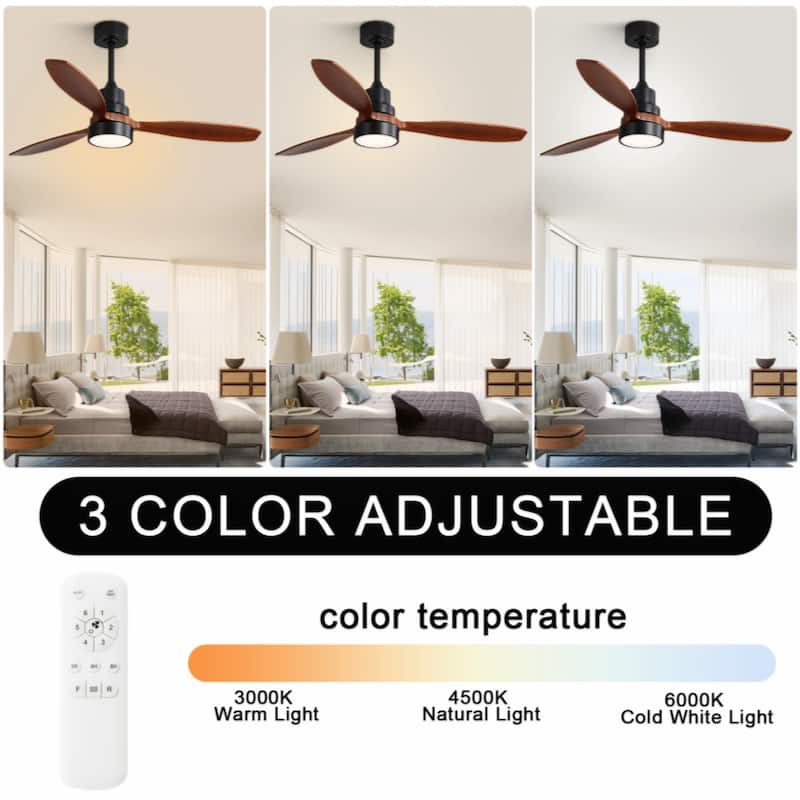 52 Inch Wooden Ceiling Fan With 3 Solid Wood Blades Remote Control Reversible DC Motor With Led Light