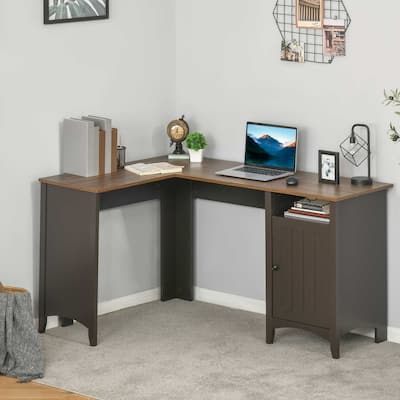 HOMCOM L-Shaped Computer Desk with Open Shelf and Storage Cabinet, Corner Writing Desk with Adjustable Shelf