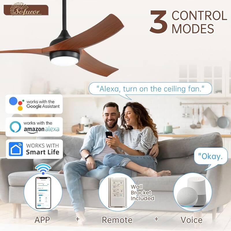 Sofucor 52 Inch Ceiling Fan with Light Remote Control,Airflow 6000CFM 3-Timer with ABS 3 Blades Reversible DC Motor