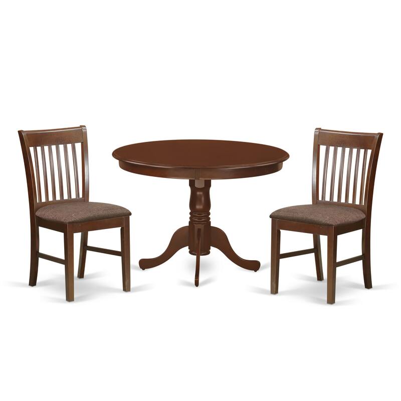 East West Furniture 3 Piece Dining Table Set- a Round Dining Table with Pedestal and 2 Chairs, Mahogany(Seat Type Options)