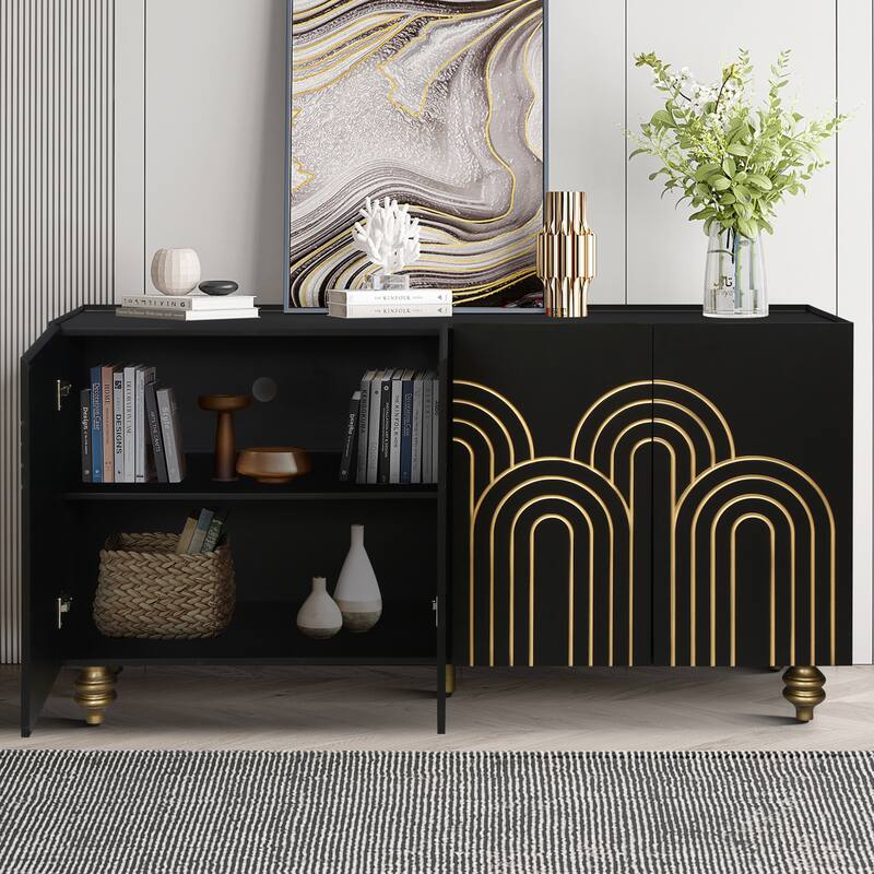 Fluted Sideboard with Storage, Coffe Bar Cabinet with 4 Doors and Wire Holes, Storage Cabinet with Adjustable Shelves