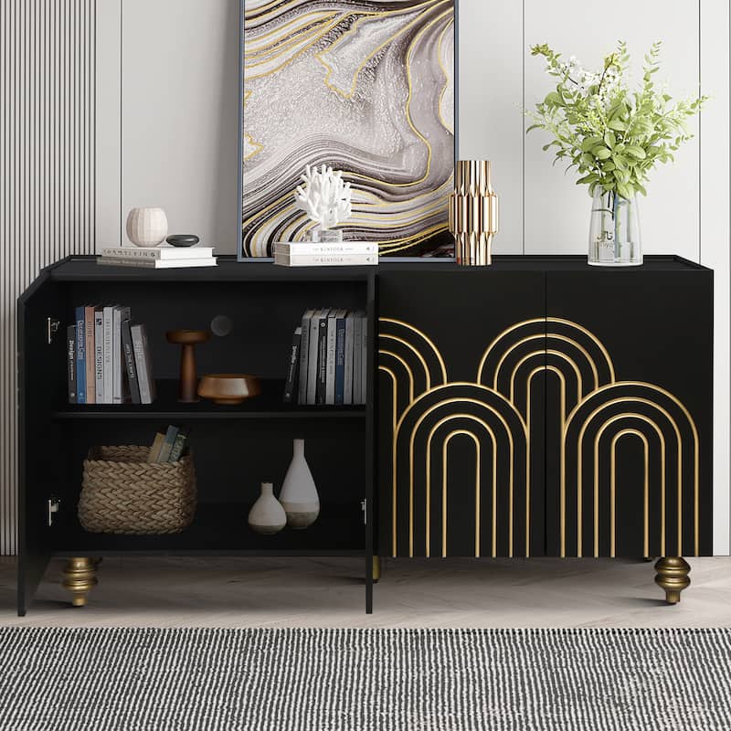 GDFStudio - White Modern Fluted 4-Door Sideboard Buffet with Adjustable Shelves for Kitchen, Dining & Living Room