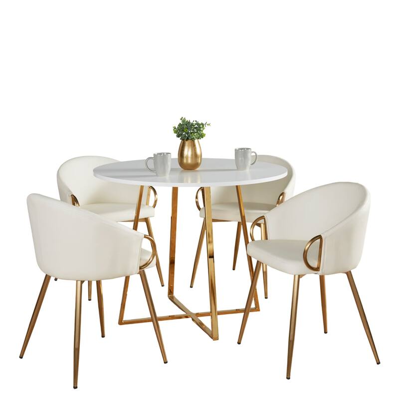 Silver Orchid Pugo-Battista Gold 5-Piece Dining Set - White Faux Leather/White Wood