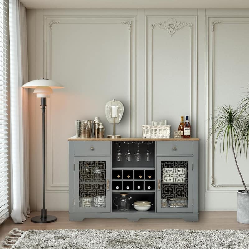 Roomfitters Modern Farmhouse Buffet Cabinet, Sideboard with 2 Drawers, Glass Door Cabinets, Wine and Glass Rack, Coffee Bar
