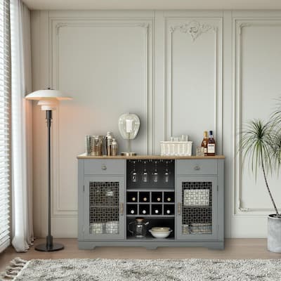 Roomfitters Modern Farmhouse Buffet Cabinet, Sideboard with 2 Drawers, Glass Door Cabinets, Wine and Glass Rack, Coffee Bar