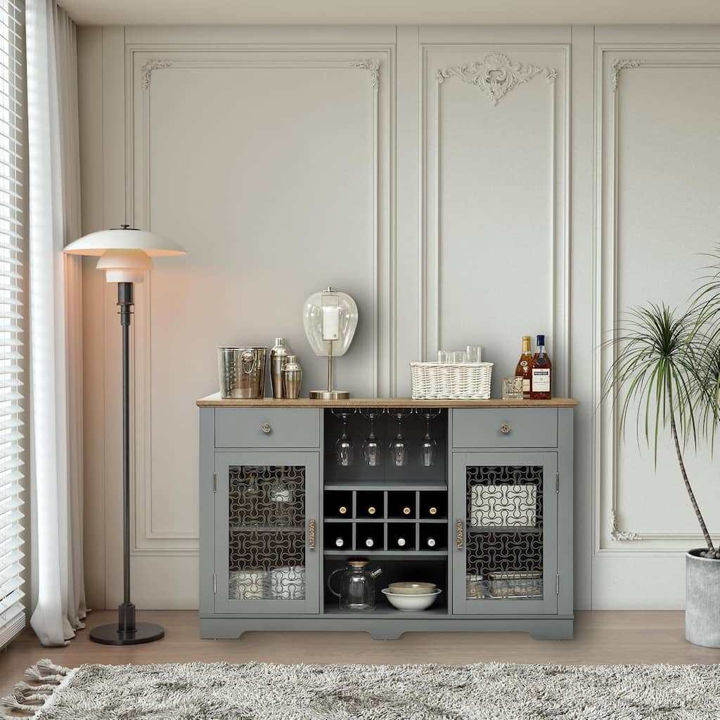 Roomfitters Modern Farmhouse Buffet Cabinet, Sideboard with 2 Drawers, Glass Door Cabinets, Wine and Glass Rack, Coffee Bar